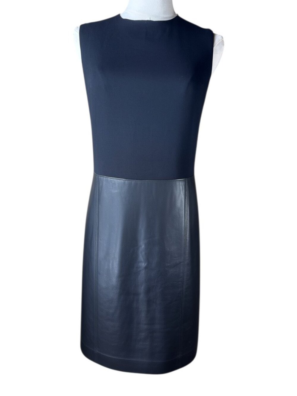 VINCE Black Leather & Stretch Knit Sleeveless Sheath Dress Size 4